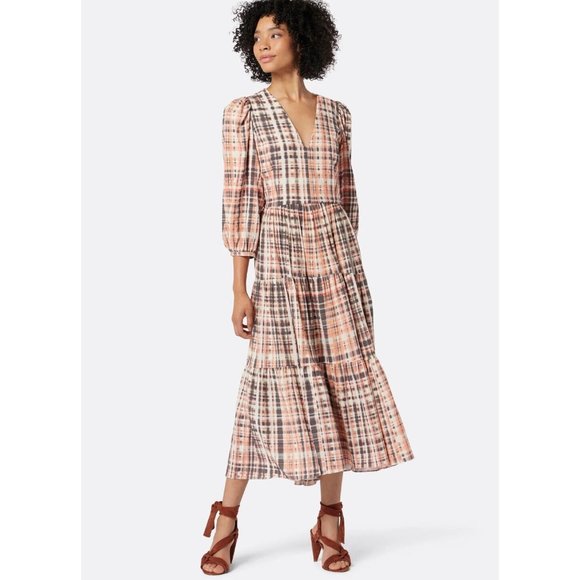 Joie Tobey Dress Multi Plaid Pink Midi Maxi V Neck Cotton 3/4 Sleeve - Picture 1 of 16